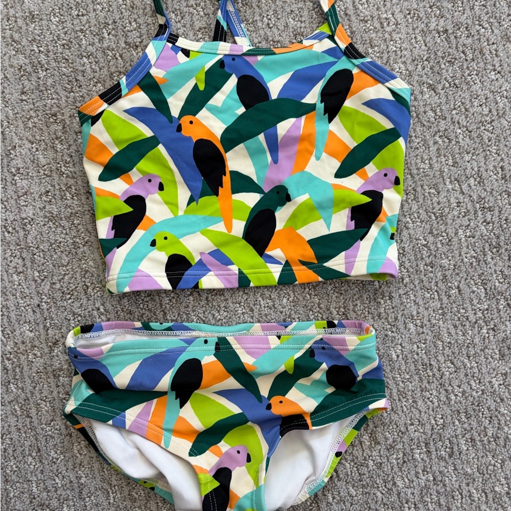 Kids Two-Piece Parrot Print Swim Set - Multicolor